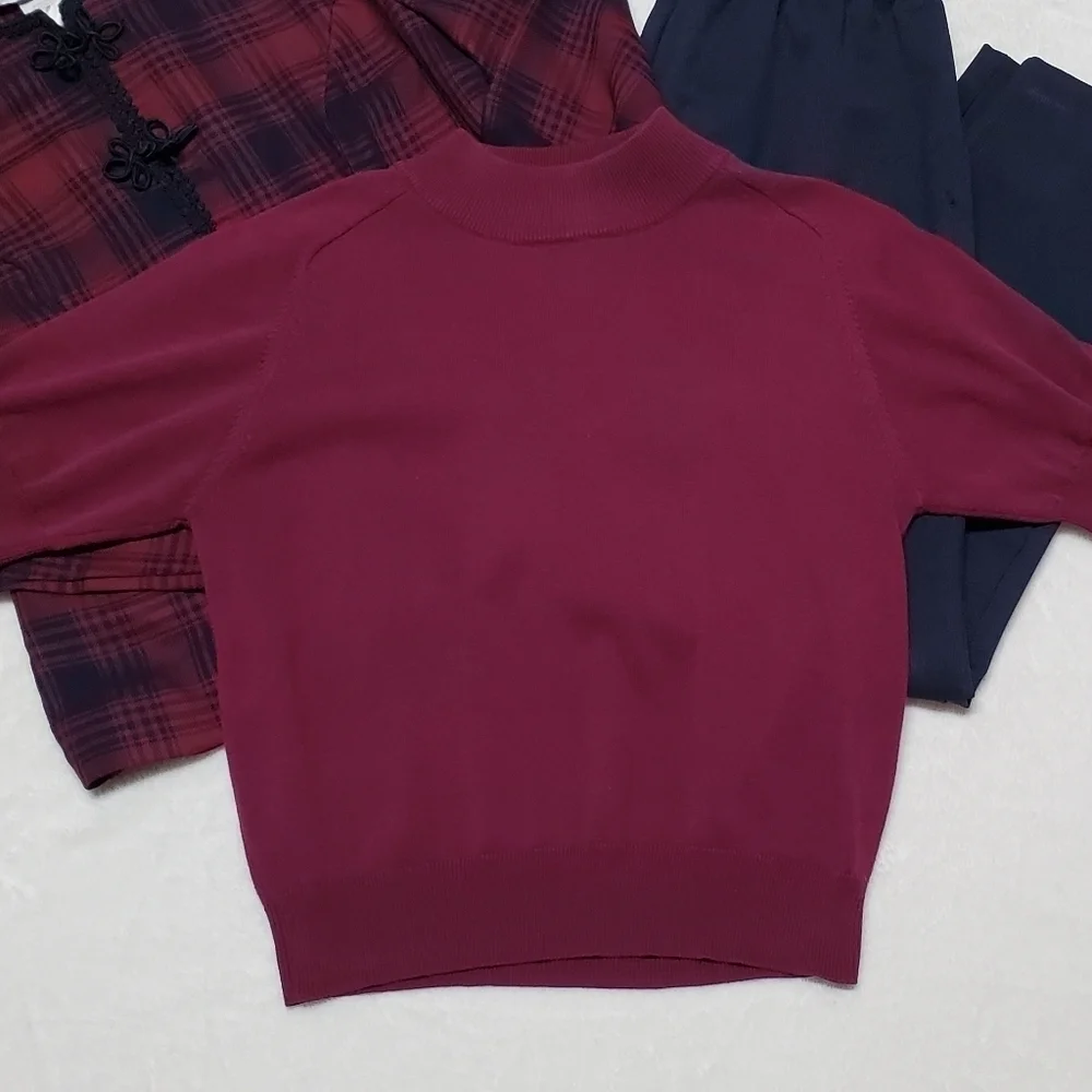 VINTAGE 80s Jessica Howard Wine Red Buffalo Plaid Ribbed Pants Mockneck Top Set